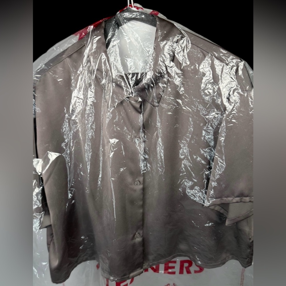 Abercrombie & Fitch Womens Gray Satin Button-Down Blouse Short Sleeve Size L - Picture 12 of 15